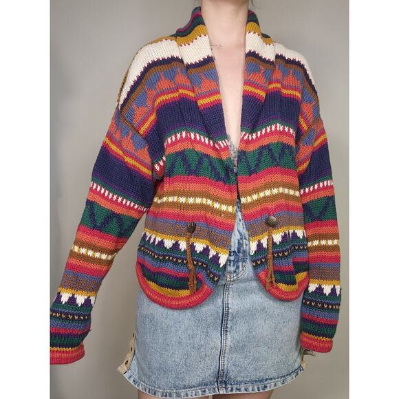 Vtg 80s Southwestern Concho Geometric Knit Colorful Rainbow Boho Sweater Sz L - Picture 4 of 9